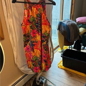 Vibrant Tropical Print Halter Dress - Pink, Yellow & Green